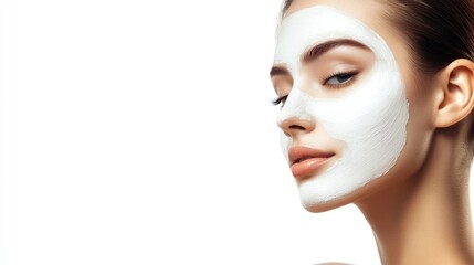 Fototapeta premium Young Asian woman applying facial mask on clean skin against white background showcasing beauty and skincare treatment in spa setting.