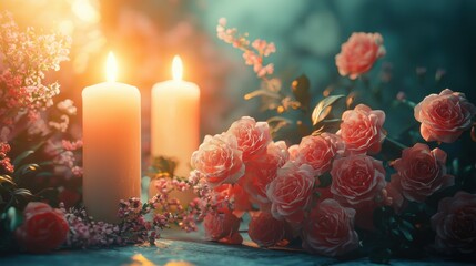 Romantic candlelit evening with roses cozy home setting floral arrangement soft lighting intimate atmosphere
