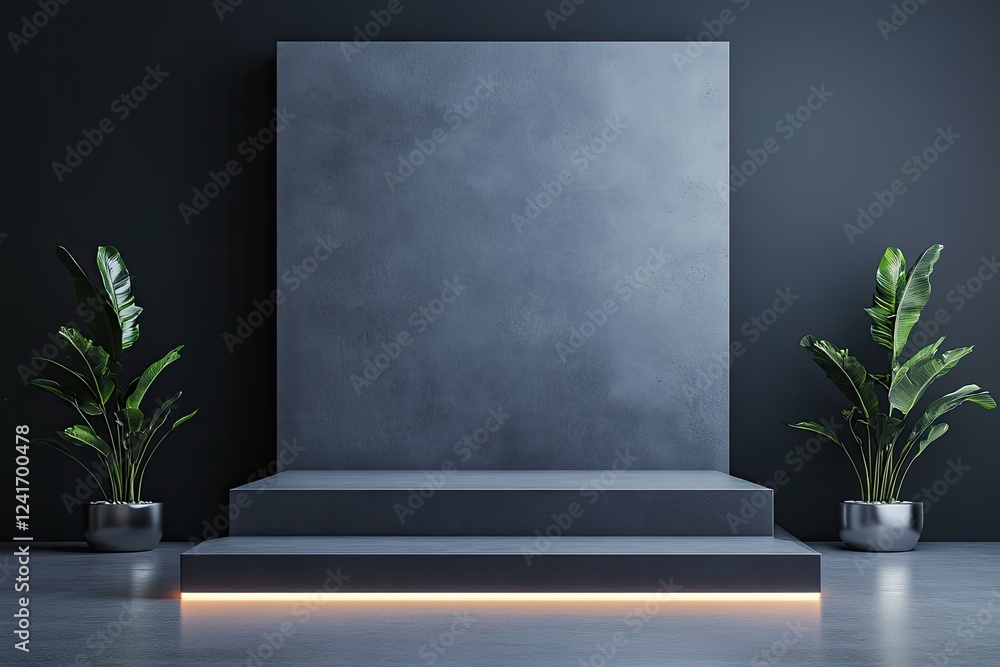 Poster modern podium with dark gray concrete finish and shiny metallic elements illuminated in minimalist s