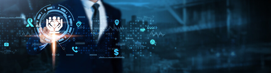 Medical Insurance: Coverage plans, risk assessment, policy management, claims processing, healthcare services, patient protection, Businessman analyses medical insurance technological data.