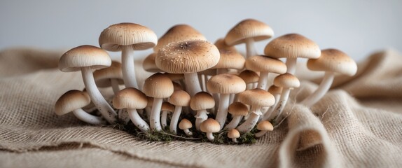 Cluster of wild mushrooms resting on burlap fabric