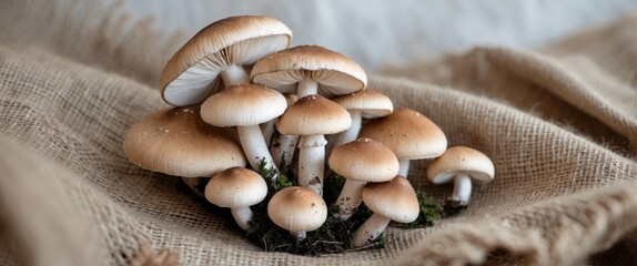 Cluster of wild mushrooms resting on burlap fabric.