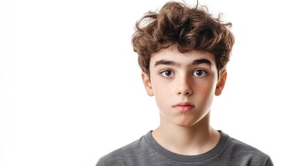Teenage boy with curly hair expressing skepticism, wearing a gray shirt, against a bright white background, portrait, youth, contemplation.