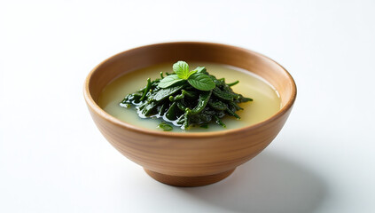 seaweed soup delicate wooden bowl sits alone stark white