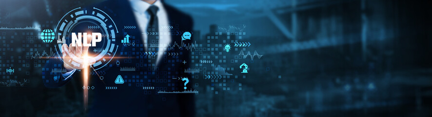 NLP (Natural Language Processing): Text analysis, machine learning, data extraction, language understanding, sentiment analysis, speech recognition, Businessman analyzes NLP technological data.