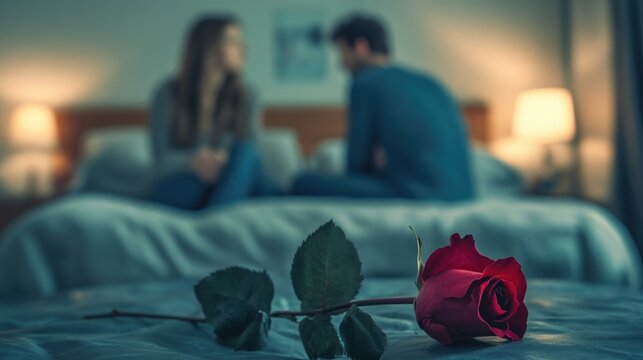 romantic red rose flower on bed with young couple quarrelling in soft-lit bedroom atmosphere suggesting conflict and emotional tension