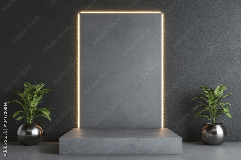 Poster modern podium with dark gray concrete finish and shiny metallic elements illuminated in minimalist s