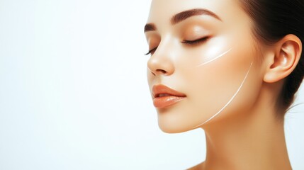 Serene young Asian woman with radiant skin showcasing facial treatment on minimalist white background, emphasizing beauty and skincare wellness