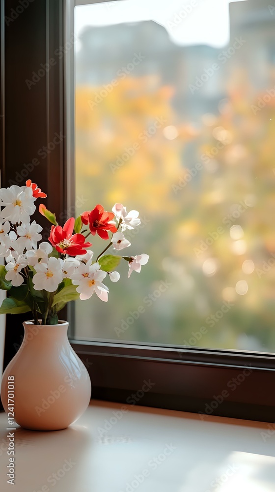 Poster white and red flowers in ceramic vase on windowsill with soft autumn bokeh background creating cozy 