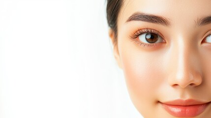 Naklejka premium Young Asian Woman with Radiant Clear Skin and Natural Makeup on Soft White Background Emphasizing Facial Care and Beauty Treatment