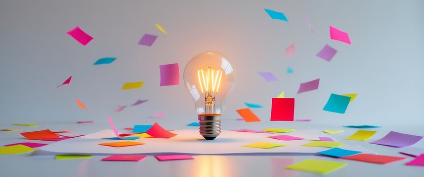 Bright Light Bulb on Paper with Colorful Notes.
