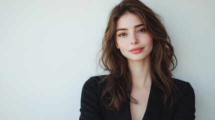Fototapeta premium Fresh and radiant young woman with long tousled brown hair in a black blazer posing confidently against a bright white background
