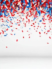 Fototapeta premium Festive Confetti Celebration - Red, white, and blue confetti falling on a white background, perfect for celebratory designs.