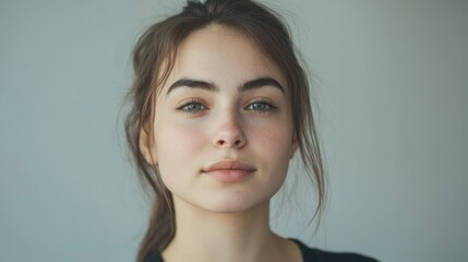 Fototapeta premium Portrait of confident young woman with clear complexion and natural beauty against minimalistic background