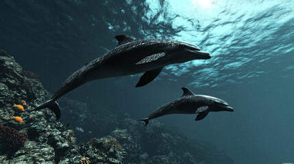 Fototapeta premium A stunning underwater photograph of two dolphins gliding above a vibrant coral reef. Sunlight filters through the ocean surface, illuminating the dolphins’ sleek bodies and the colorful marine