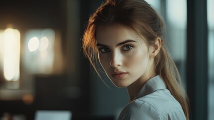 Obraz premium Concentrated businesswoman with long hair in modern meeting room illuminated by soft light creating a professional atmosphere with focused expression