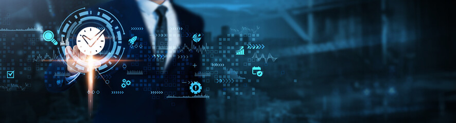 Time Management: Productivity tracking, task scheduling, workflow optimization, deadline management, efficiency improvement, resource allocation, Businessman analyses real-time technological data.