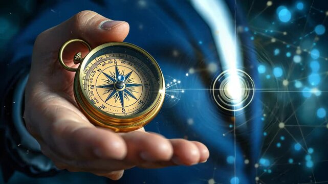 A businessman holds a vintage compass in his hand while surrounded by a digital network displaying lights, symbolizing navigation and direction in a modern business environment