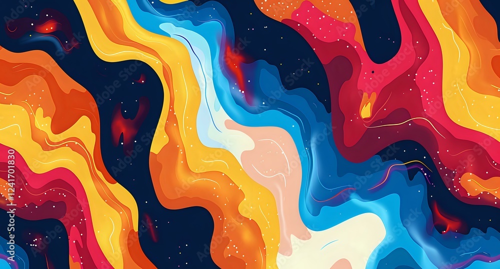 Poster vibrant abstract fluid waves in orange, blue and red colors with starry night sky background create 