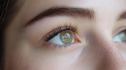 Obraz premium Close-up of a beautiful young woman with flawless natural eyebrows and long eyelashes, enhancing her green eyes with subtle makeup, displaying flawless skin tone.