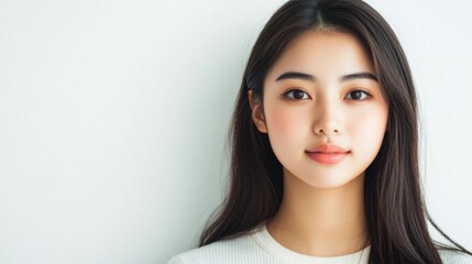 Fototapeta premium Portrait of young Asian woman with flawless skin and long dark hair against a plain white background, showcasing beauty, skincare, and wellness concepts.