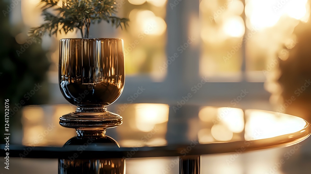 Poster glass of red wine on wooden table with warm bokeh lights and window in background, creating romantic