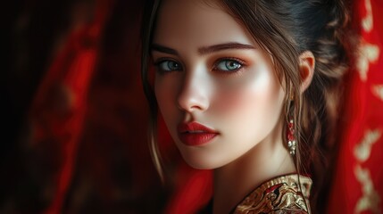 Naklejka premium Captivating portrait of a young woman with striking blue eyes and soft skin, wearing traditional attire, set against a rich red backdrop.