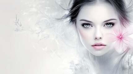 Fototapeta premium Captivating portrait of a young woman with delicate features and a soft pink flower on her cheek against an ethereal gray background showcasing beauty and tranquility.