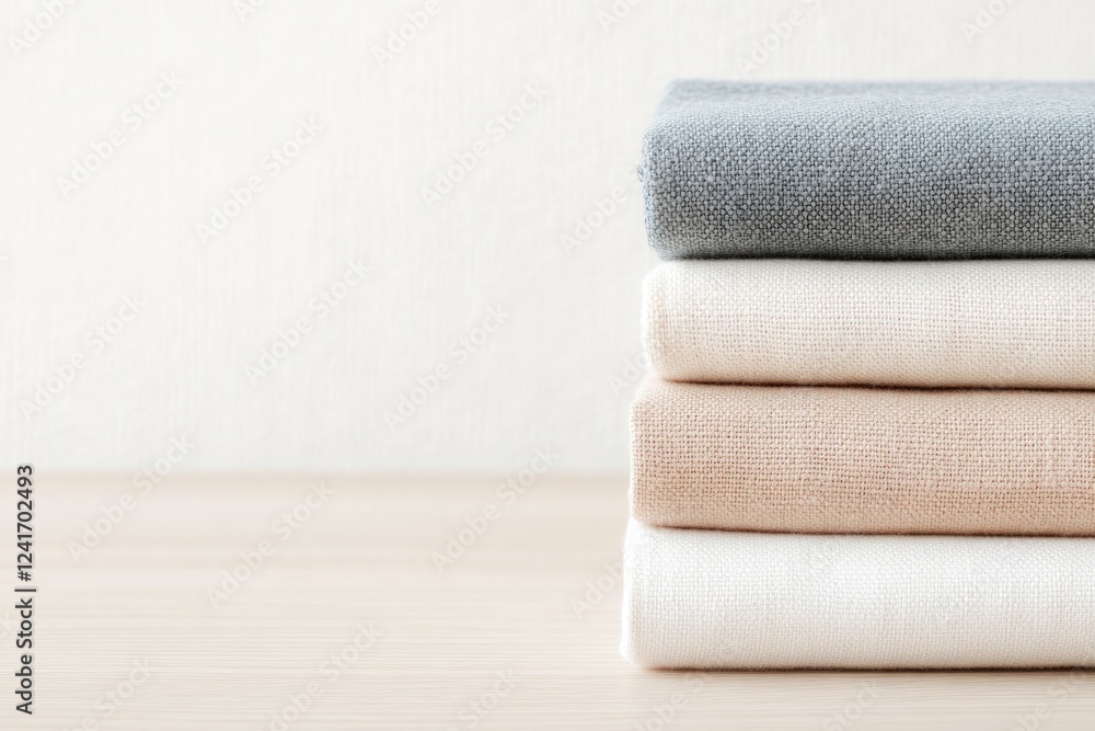 Poster neatly folded stack of colorful fabrics in varying textures arranged on wooden table with soft natur