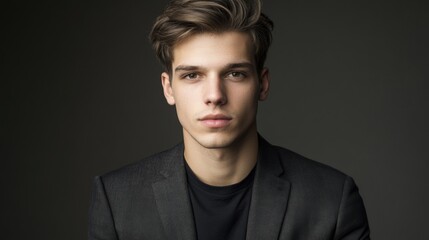 Obraz premium Elegant young adult man with stylish hair and serious expression posing in dark studio background, wearing blazer and black shirt.
