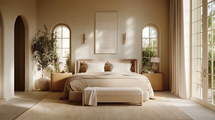 A modern Scandinavian-style bedroom featuring natural wood, neutral tones, and a clean, simple, and inviting atmosphere.
