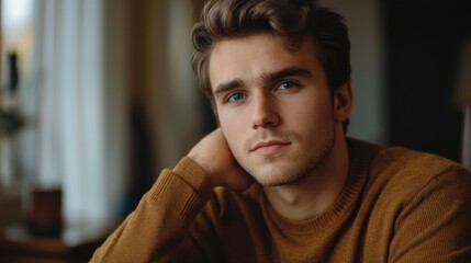 Fototapeta premium Thoughtful young adult man with wavy light brown hair and blue eyes wearing a cozy brown sweater in a softly lit indoor setting.