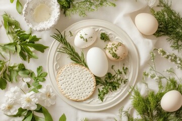 Symbolic Seder Setup Featuring Eggs, Herbs, and Matzah on a White Plate With Fresh Greenery