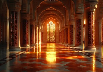 Illuminated Palace Corridor with Intricate Columns and Reflective Floors

