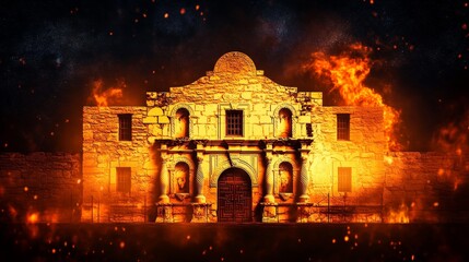 Alamo in Flames - A dramatic image of the Alamo engulfed in flames against a night sky.  Historical, intense, and powerful imagery.