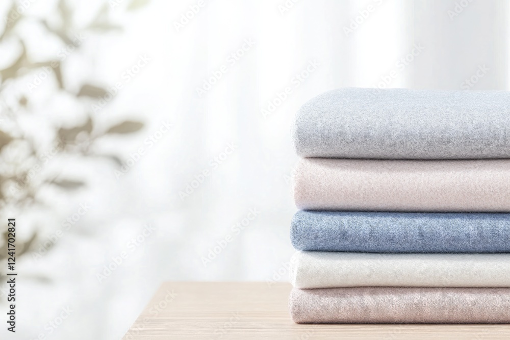 Poster neatly folded stack of colorful fabrics in varying textures arranged on wooden table with soft natur