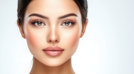 Obraz premium Young Asian woman with flawless skin and natural makeup on bright white background showcasing beauty, skincare, and facial treatments for cosmetology.