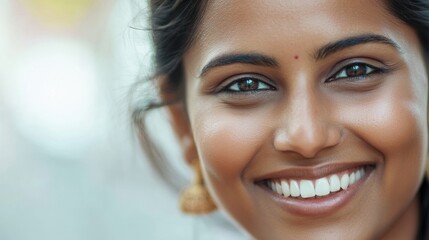 Naklejka premium Joyful close-up portrait of a young Indian woman with dark brown skin and bright smile, adorned with traditional earrings and bindi, outdoor setting.