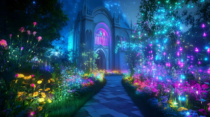 A magical garden comes alive at night with colorful lights and blooms, inviting a serene walk