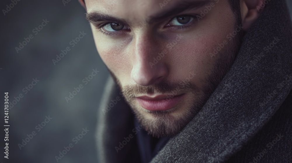 Poster young fashionable man with intense gaze wearing gray coat with sharp features and stubble against bl