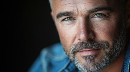 Obraz premium Confident mature man with gray beard and blue eyes posing for a close-up portrait in a soft lighting setting, wearing denim shirt against dark background.