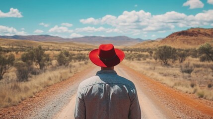 Man in a red hat standing on a gravel road surrounded by the golden Australian outback under a bright blue sky with scattered clouds.