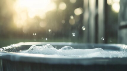 Sunset soapy water, outdoor basin, bubbles, garden