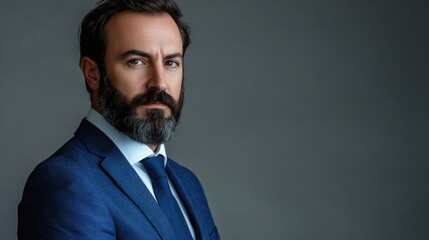 Obraz premium Bearded mature businessman in blue formal jacket and tie with serious expression against grey background showcasing modern corporate fashion.