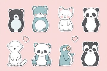 Cute animal stickers featuring bears, cats, and pandas on a pastel background perfect for decorating notebooks or crafts. Generative AI