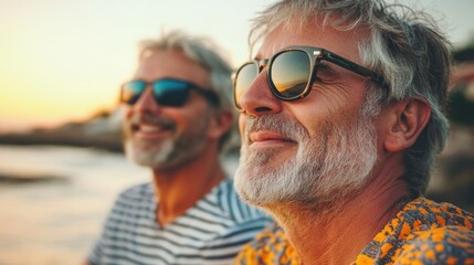 Classic Portrait of Smiling Middle-Aged Men Wearing Sunglasses against a Sunset Background by the Sea with Warm Tones and Gentle Waves