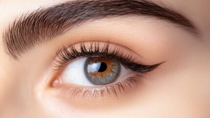 Obraz premium Close-up of a beautiful woman's eye with striking green and brown iris, perfectly shaped eyebrows, and elegant eyeliner detail for beauty and makeup concept.