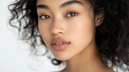 Fototapeta premium Portrait of beautiful young Asian woman with curly hair and fresh skin on white background showcasing facial care and beauty treatments