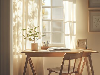 Sunlight streams through sheer curtains onto a minimalist wooden desk with plant, book, and chair.
