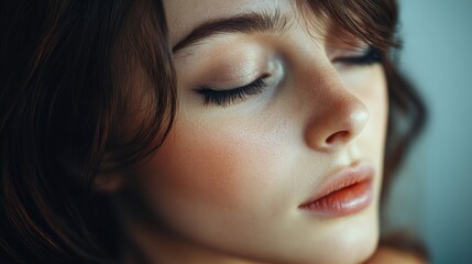 Brunette woman with closed eyes enjoying facial treatment in serene spa environment, showcasing relaxation, beauty, and wellness tones.